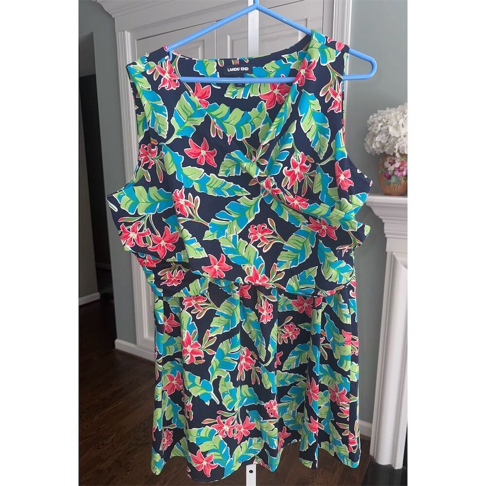 Lands' End Women's Plus‎ Tropical Floral Faux Wrap Dress 1X
